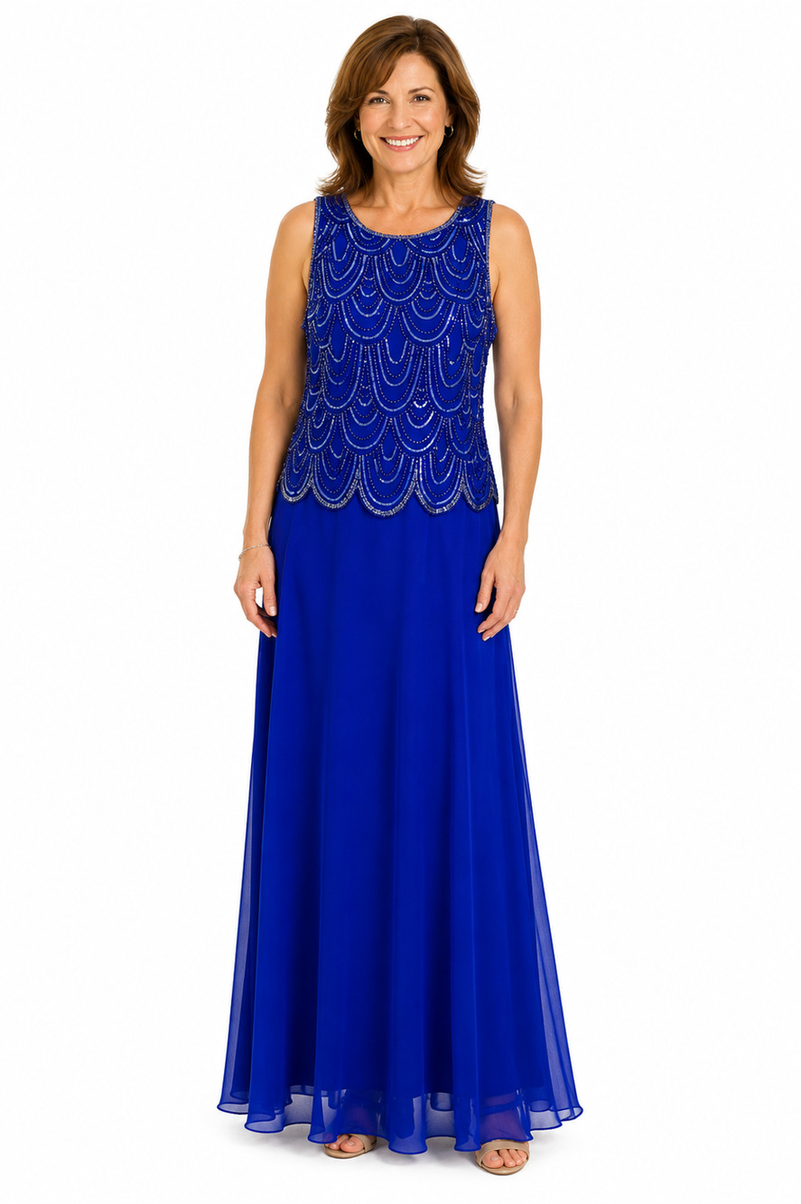 Jkara Womens Cobalt Blue Beaded Mother of the Bride Formal Gown Dress NWT sz 12